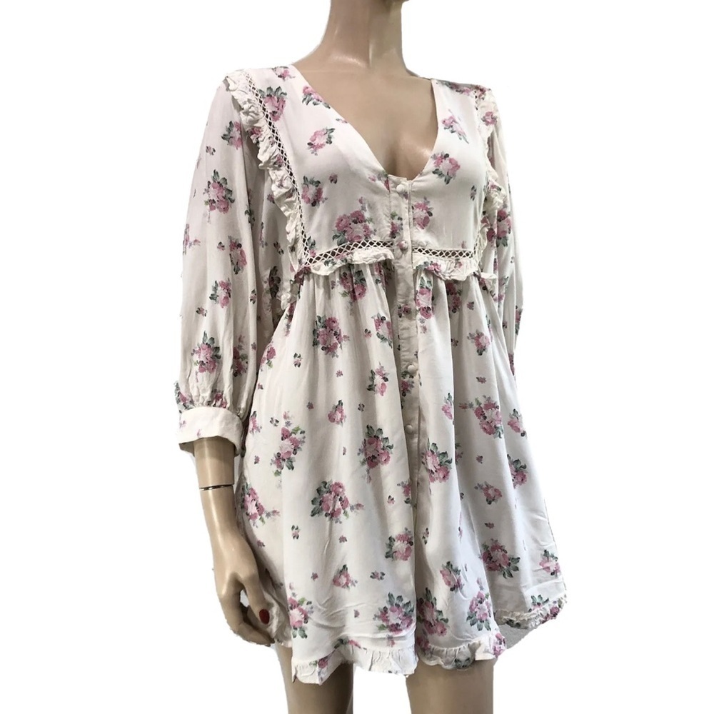 asos floral mini romantic print puff sleeve dress embroidery V-neck button front - Picture 2 of 16